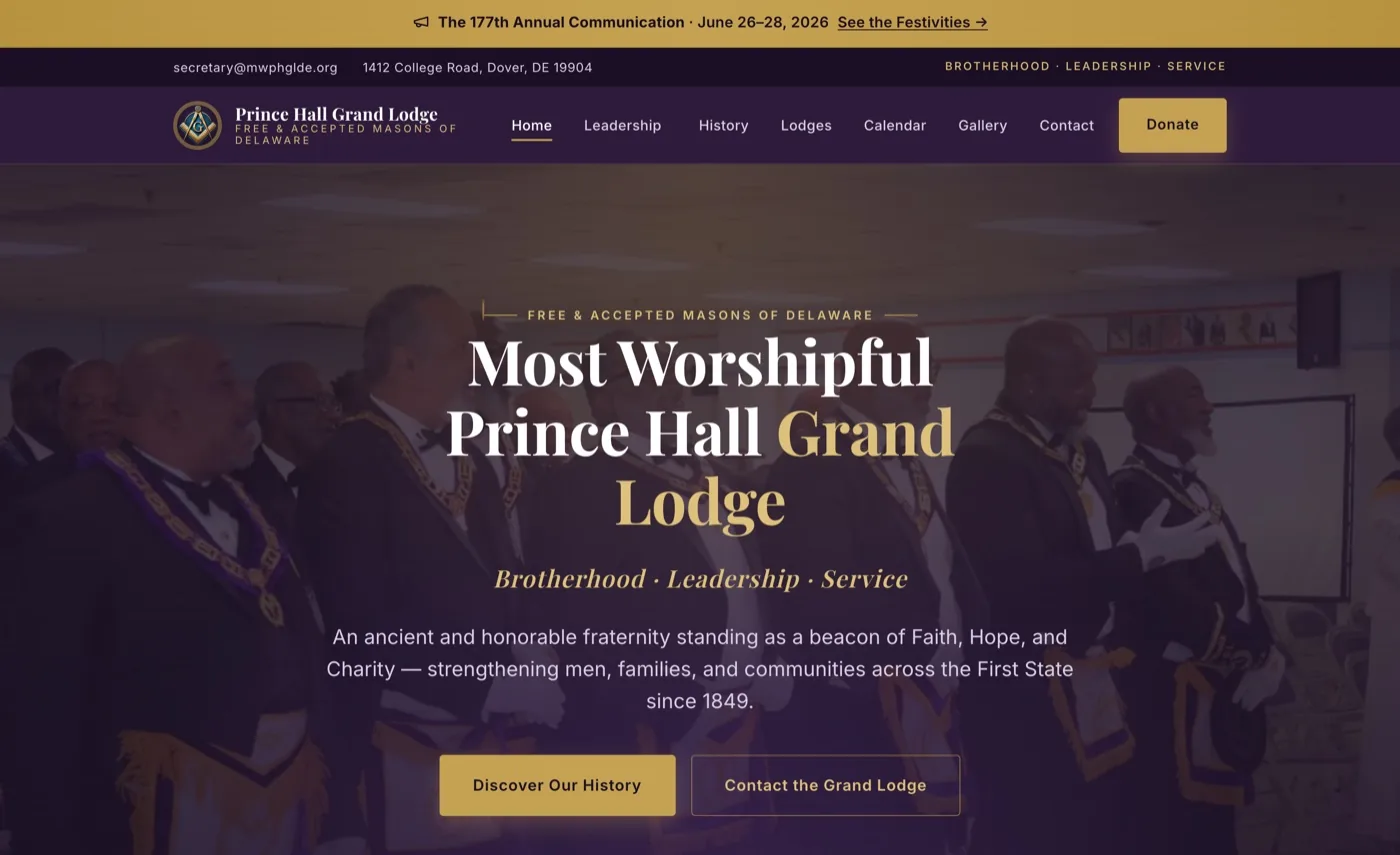 Portfolio capture of the Grand Lodge of Delaware website with purple and gold identity